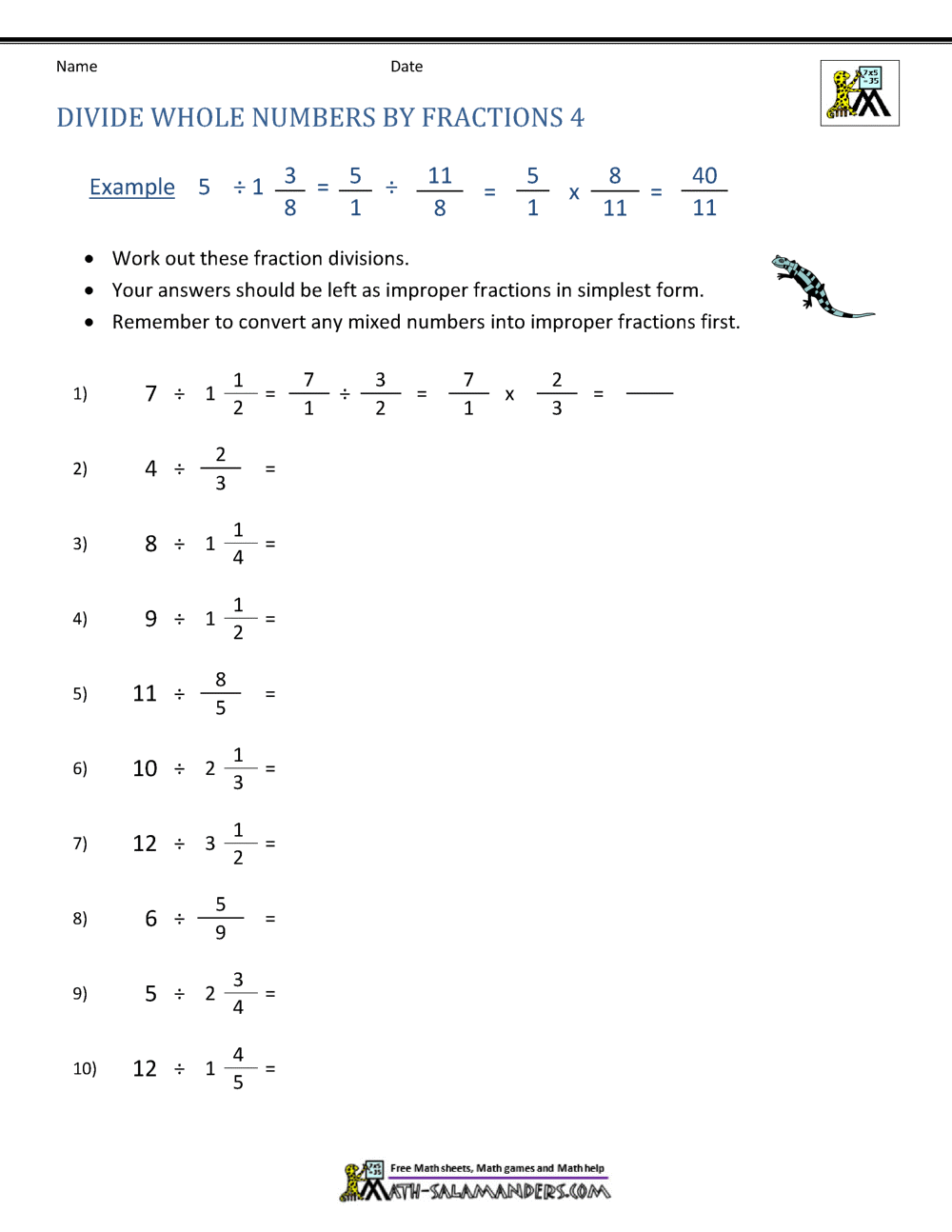Divide Whole Numbers By Fractions