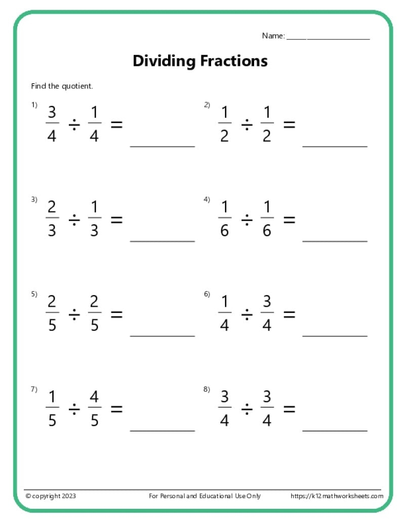 Dividing Fractions Worksheets