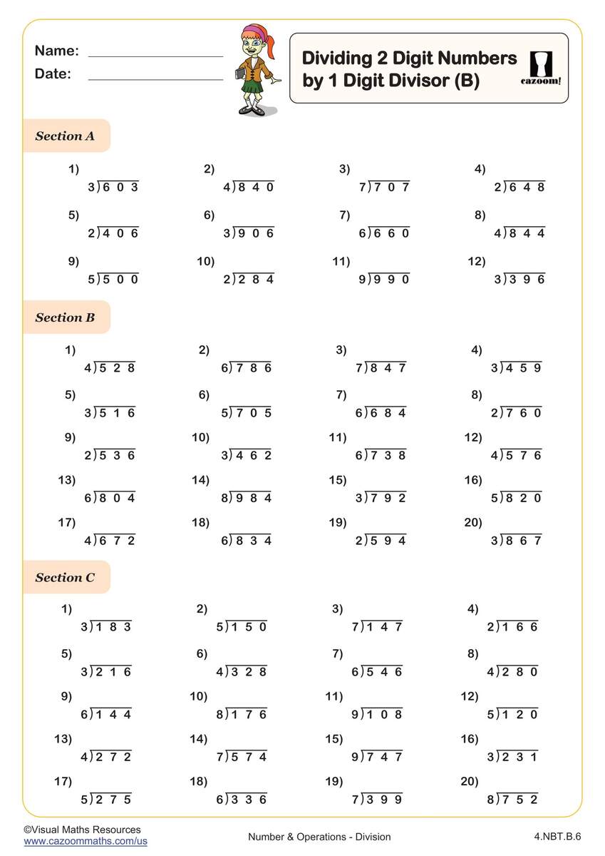 Division Dividing 2 Digit Numbers By 1 Digit Divisors B PDF Printable Number And Operations Worksheets Cazoom Math