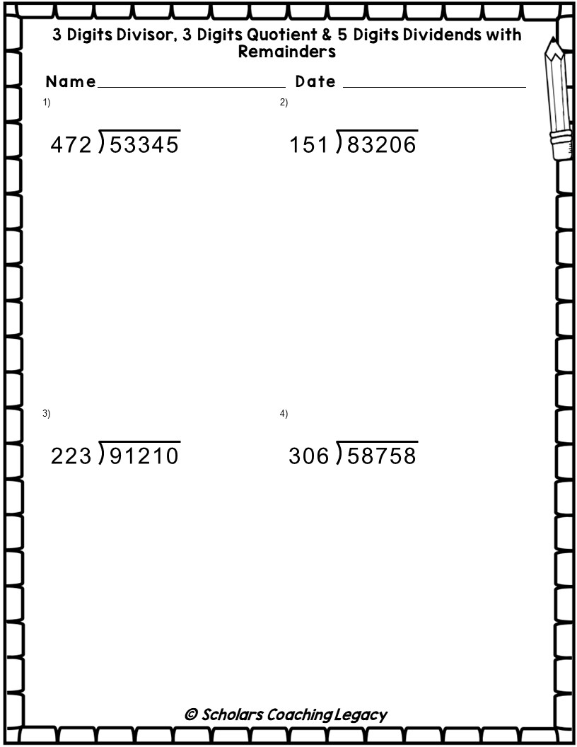 Division With 3 Digits Divisor 3 Digits Quotient 5 Digits Dividends With Remainders Worksheets M Made By Teachers