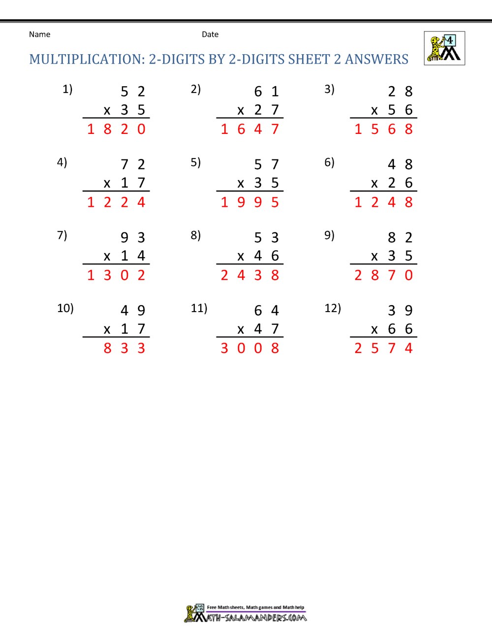 Double Digit Multiplication Worksheets 4th Grade