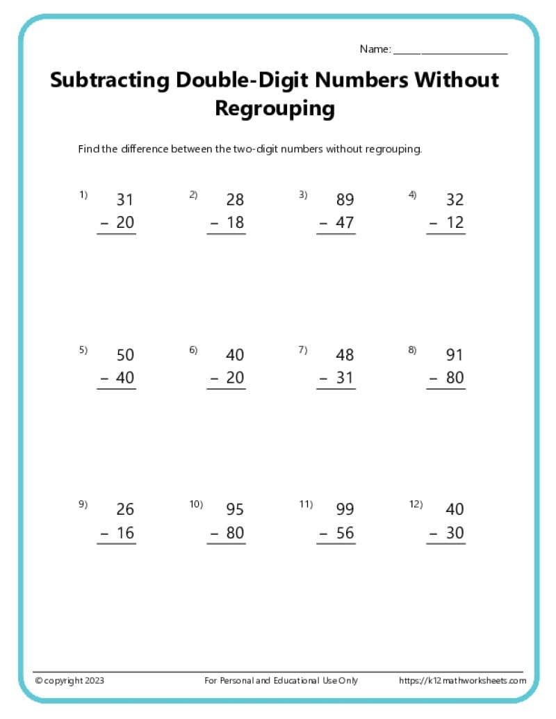 Double Digit Subtraction Without Regrouping K12 Math Worksheets Double Digit Subtraction Without Regrouping K12 Math Worksheets