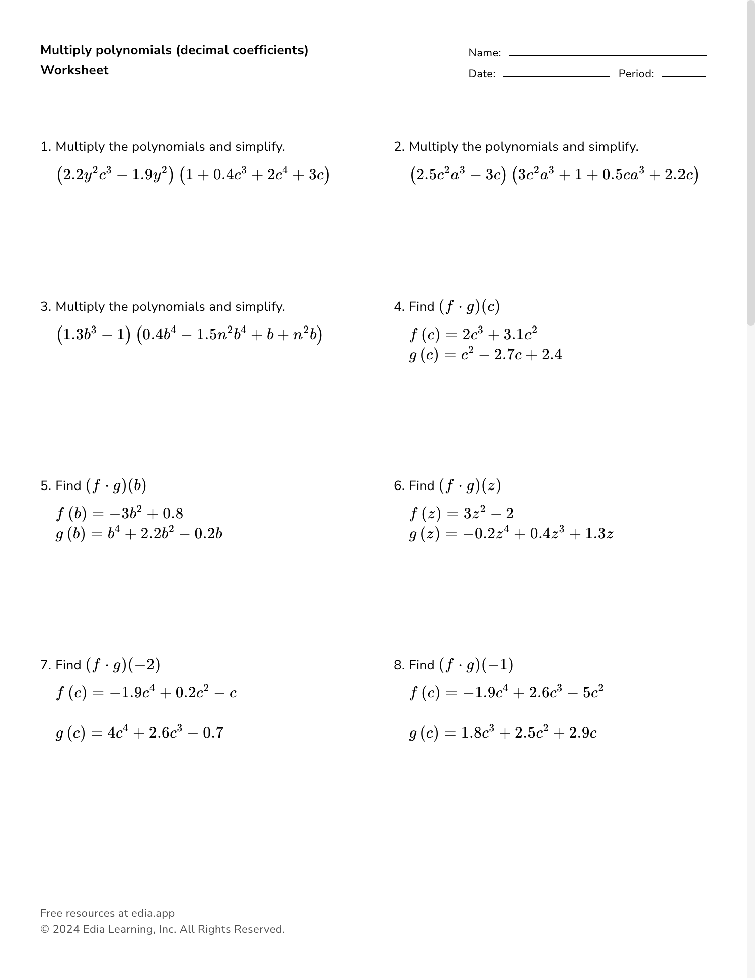 Multiplying Binomials Worksheet PDF Printable Algebra Worksheet Cazoom Math