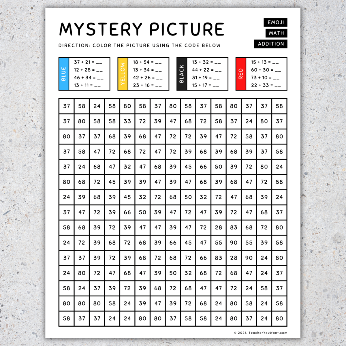 Emoji Mystery Picture Color By Number Back To School Math Addition Made By Teachers Emoji Mystery Picture Color By Number Back To School Math Addition Made By Teachers