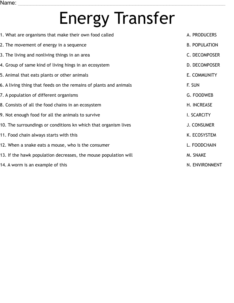 Energy Transfer Worksheet WordMint Energy Transfer Worksheet WordMint