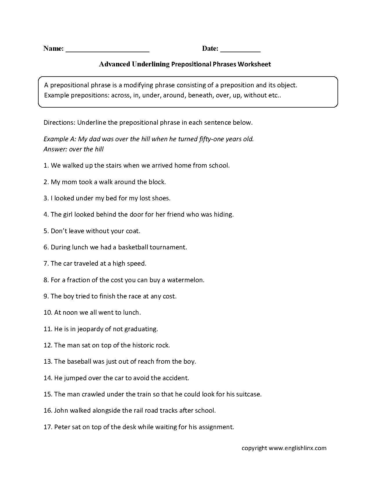 Englishlinx Prepositions Worksheets Prepositional Phrases Worksheet 1 Reading Level 2 Preview