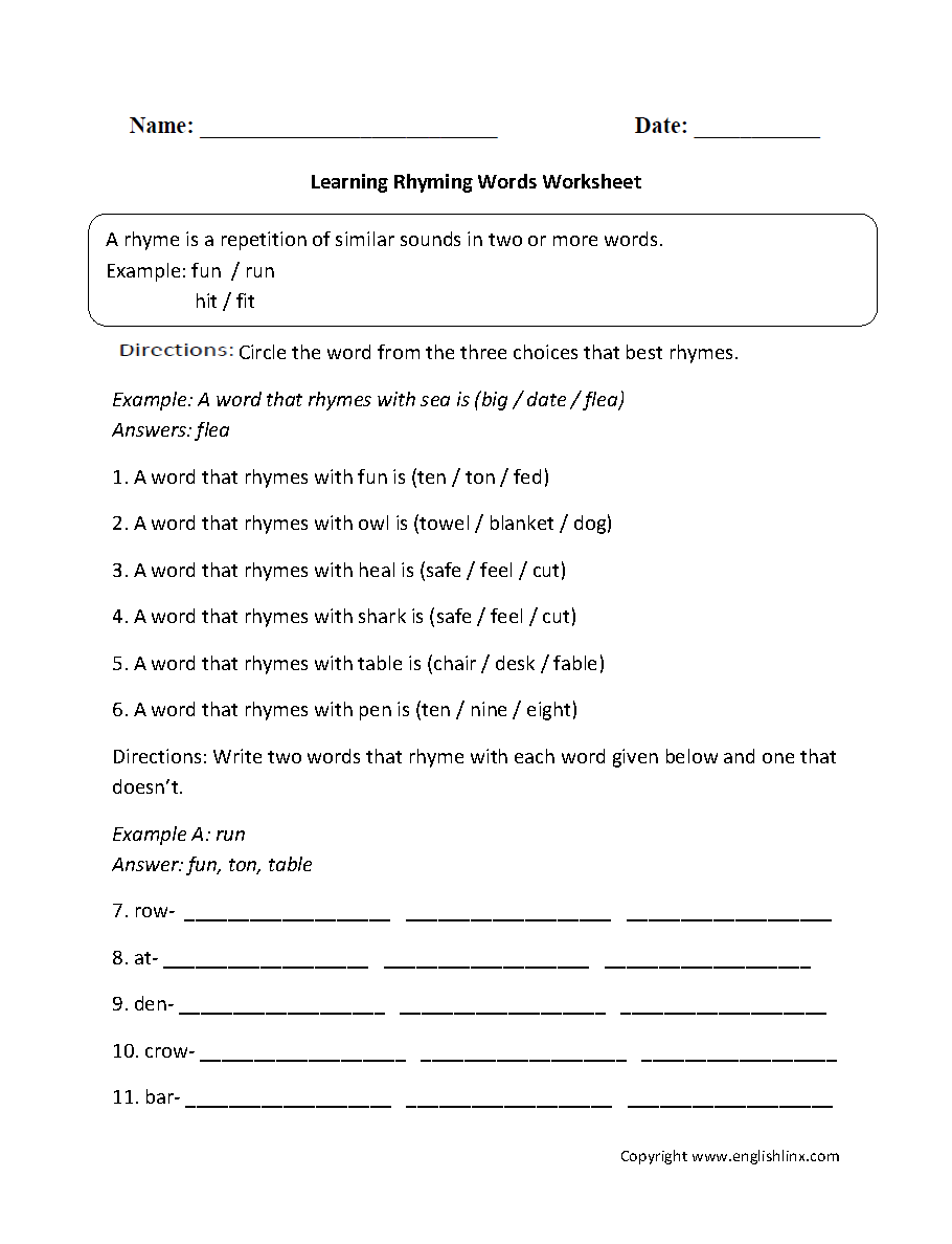 Englishlinx Rhyming Worksheets Englishlinx Rhyming Worksheets