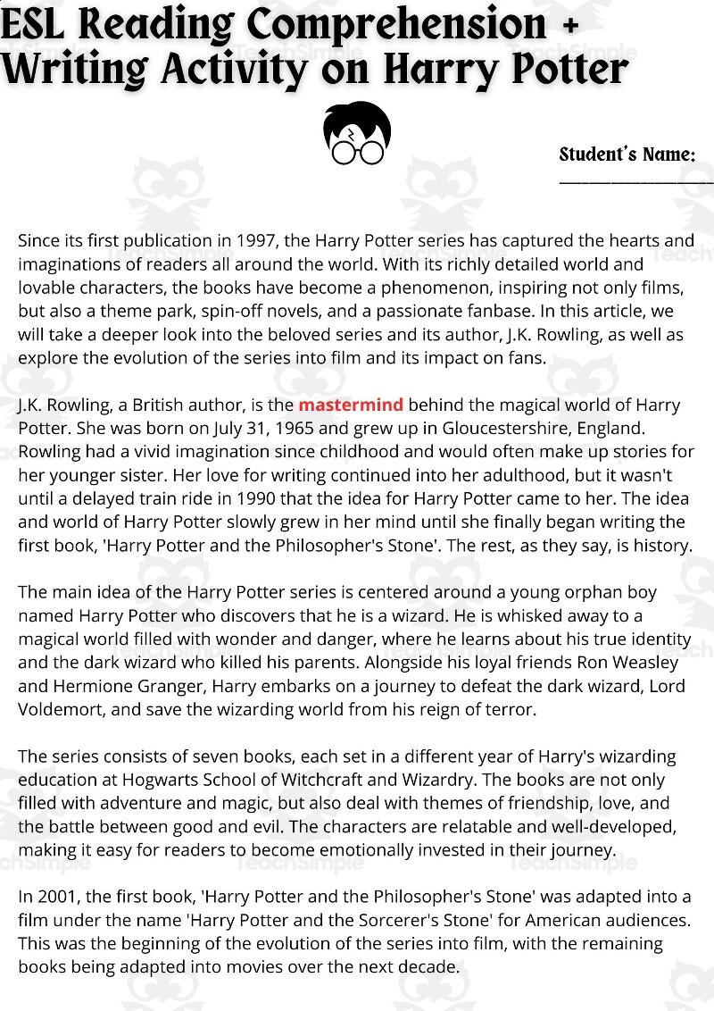 ESL Reading Comprehension Writing Activity Worksheet On Harry Potter By Teach Simple Reading Comprehension Worksheets Online Or Printable