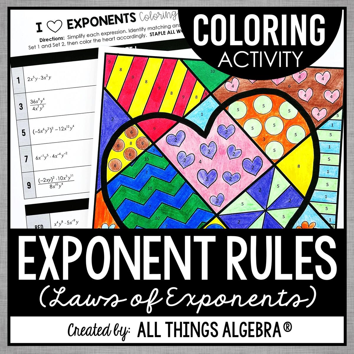 Exponent Rules Coloring Activity All Things Algebra