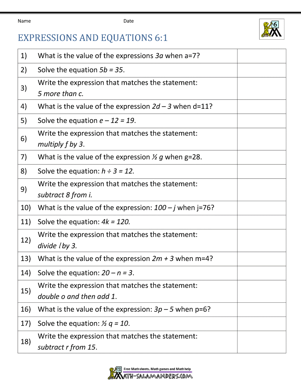 Expressions And Equations 6th Grade