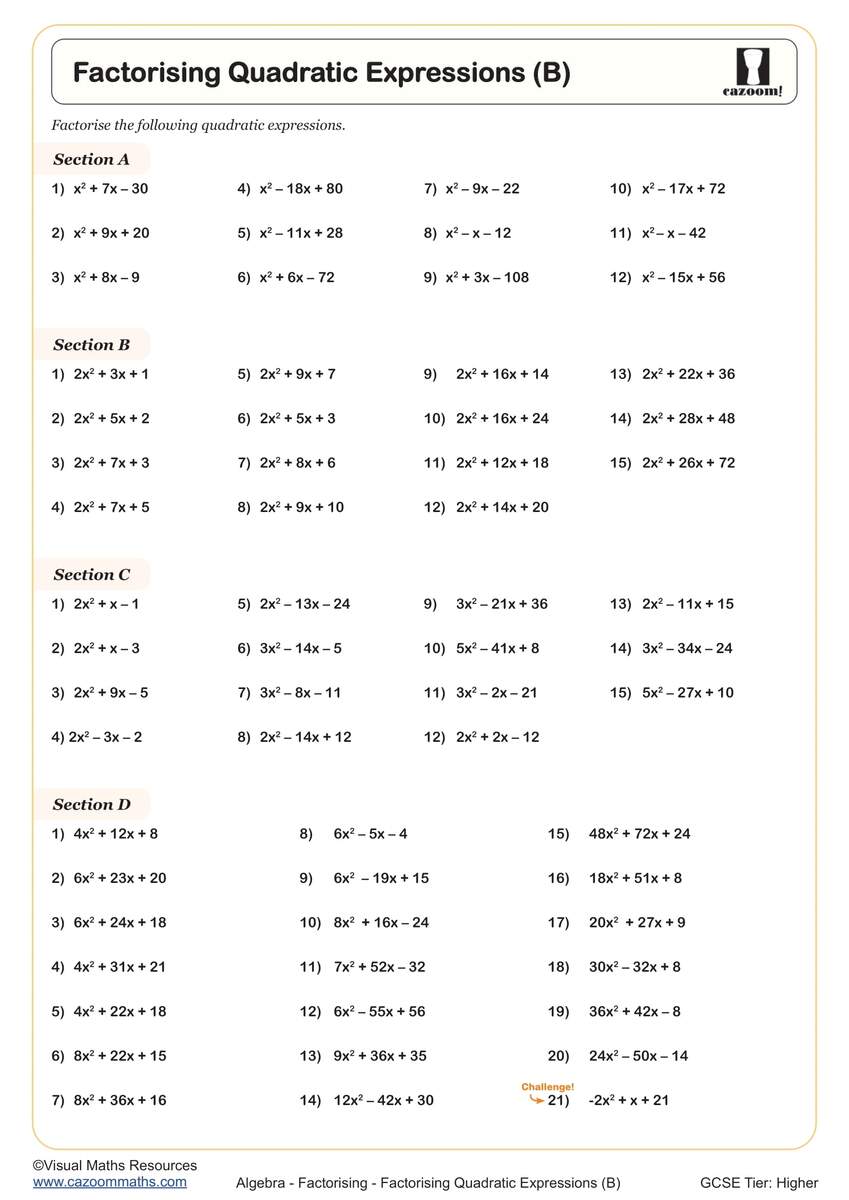 Factorising Quadratic Expressions C Worksheet Printable PDF Worksheets Factorising Quadratic Expressions C Worksheet Printable PDF Worksheets