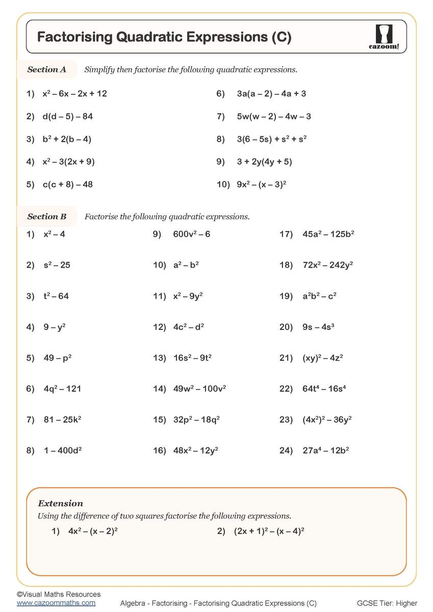 Factorising Quadratic Expressions C Worksheet Printable PDF Worksheets Factorising Quadratic Expressions C Worksheet Printable PDF Worksheets