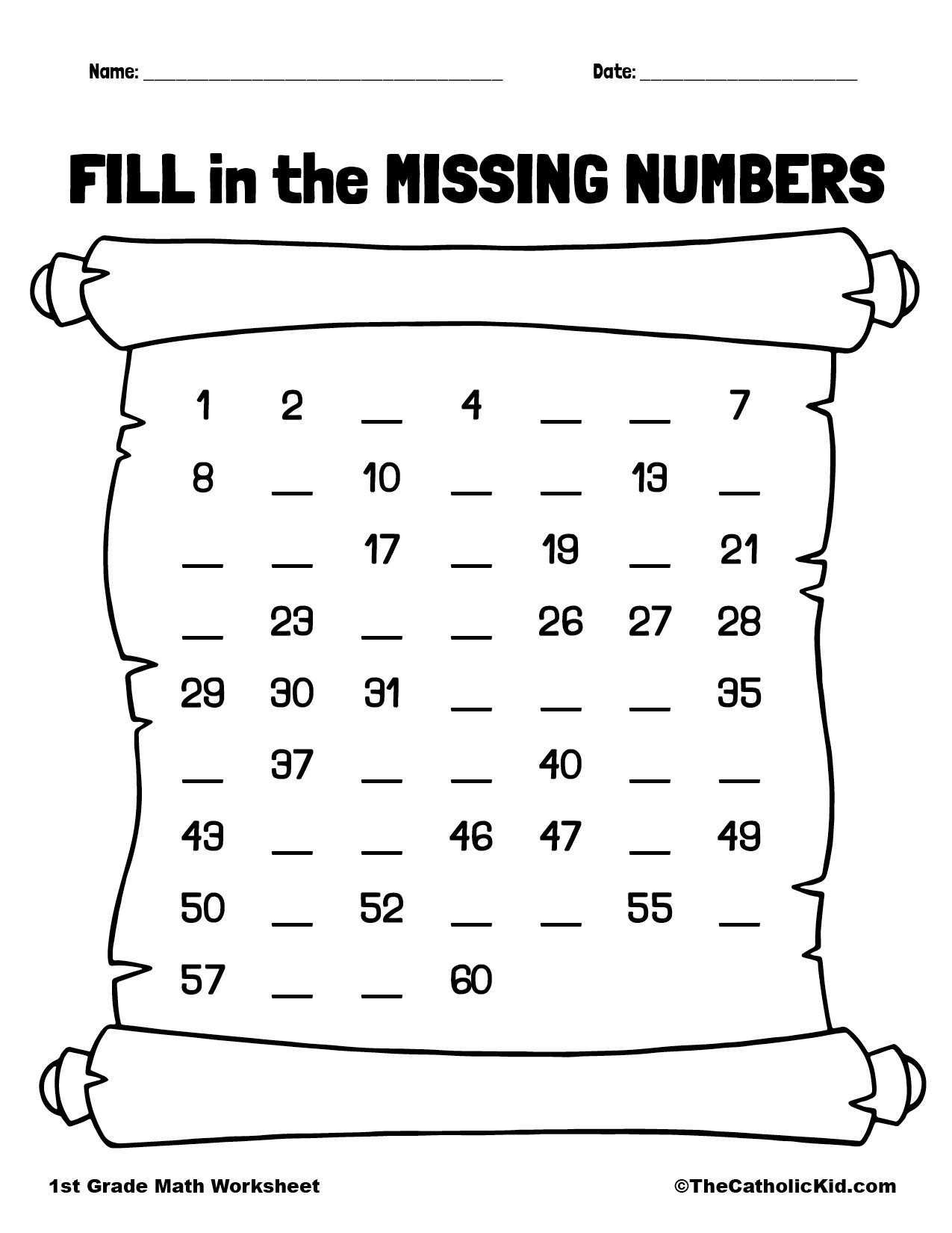 Fill In The Missing Numbers 1st Grade Math Worksheet Catholic TheCatholicKid Fill In The Missing Numbers 1st Grade Math Worksheet Catholic TheCatholicKid