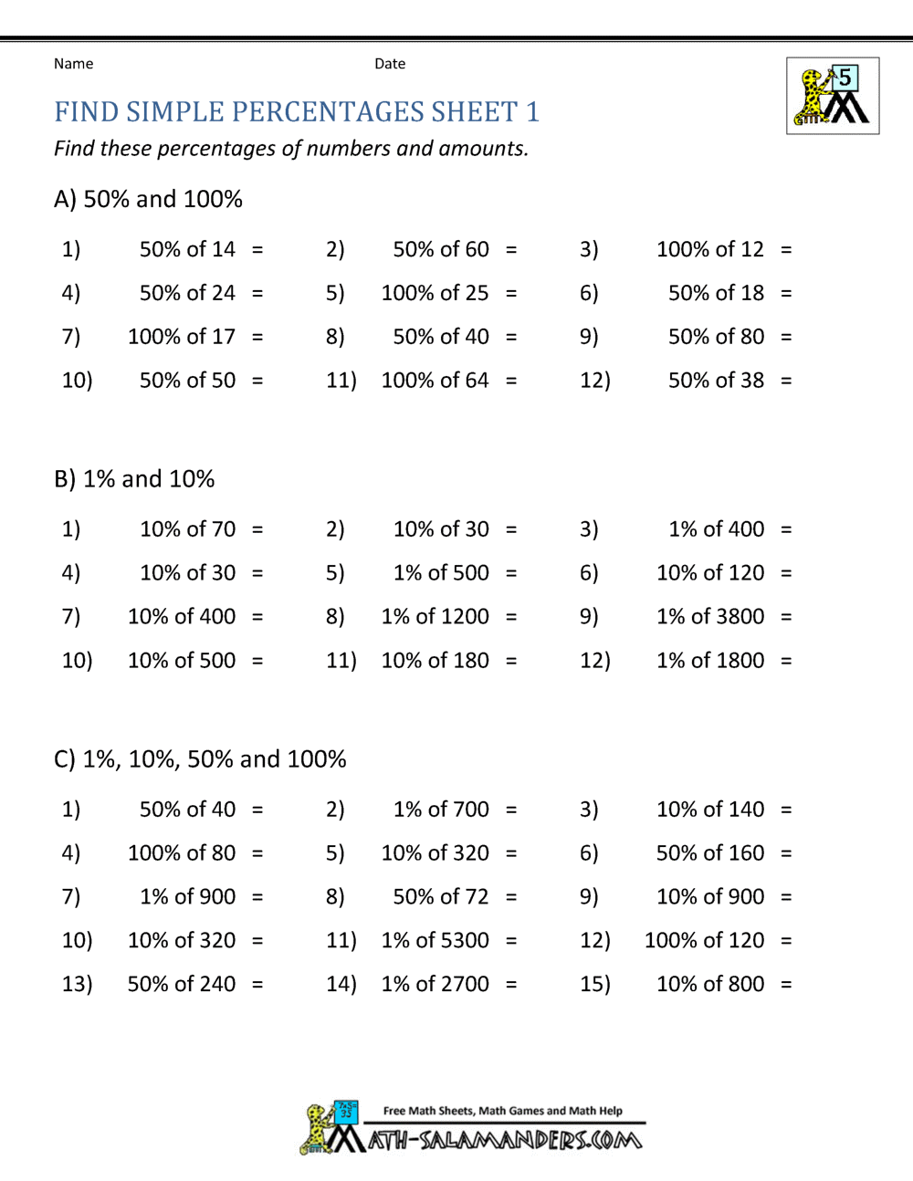 Finding Percentage Worksheets