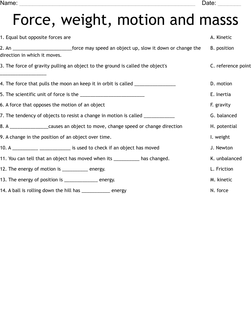 Force Weight Motion And Masss Worksheet WordMint