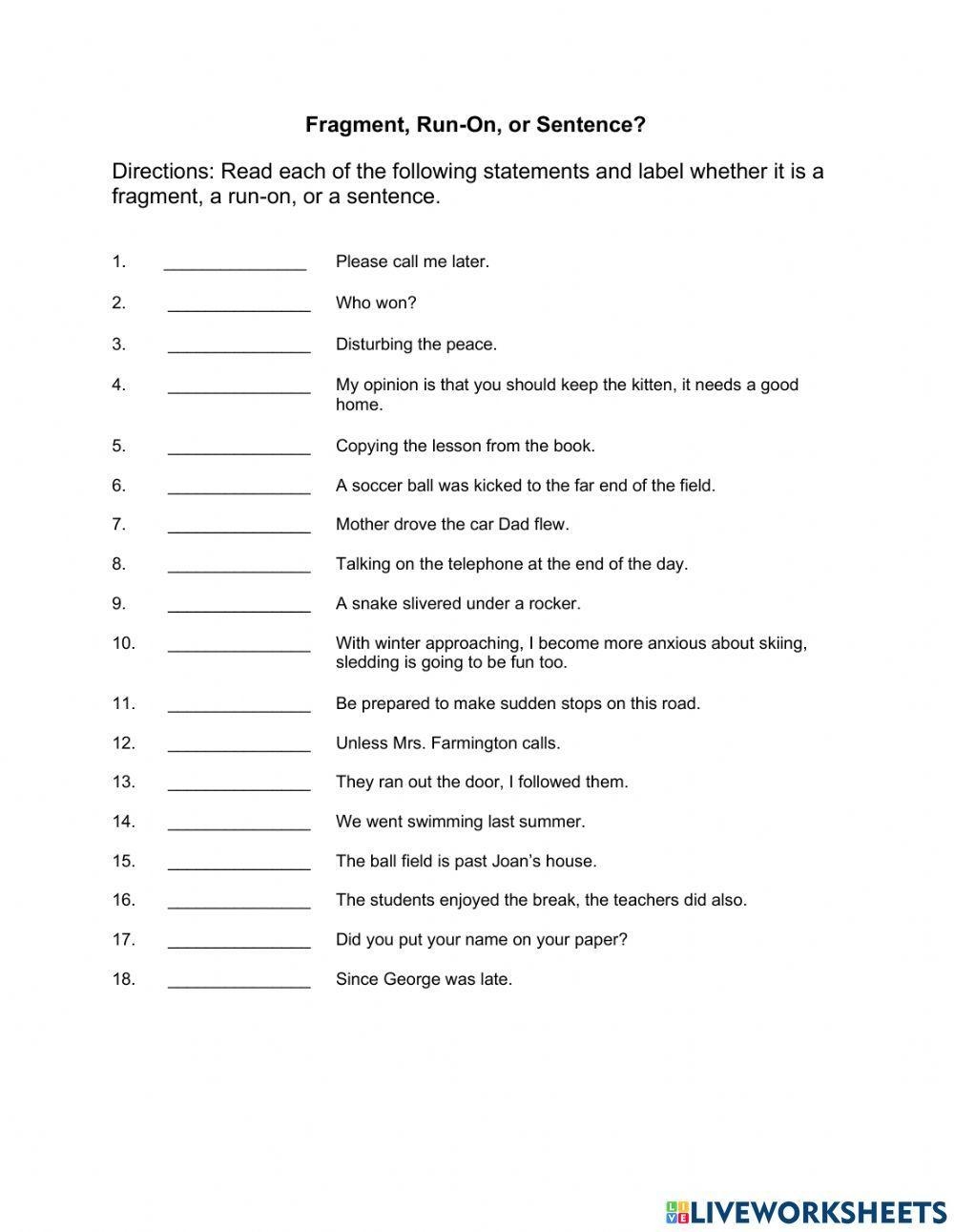Fragment Run On Or Sentence Worksheet Worksheets Library Fragment Run On Or Sentence Worksheet Worksheets Library