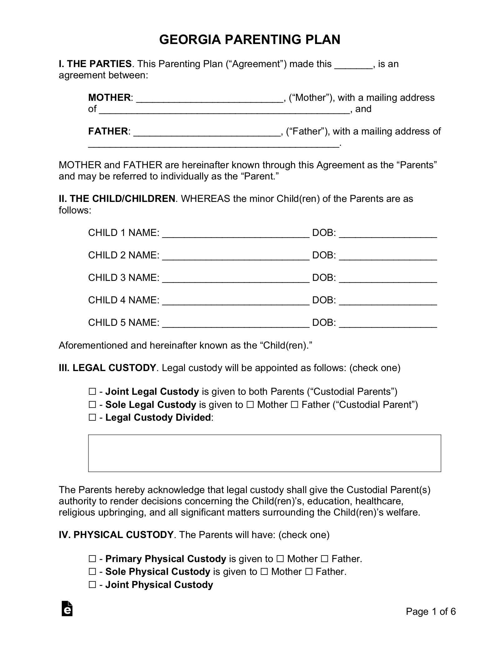 Free Georgia Custody Parenting Plan PDF Word EForms