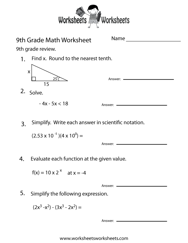 Free Printable 9th Grade Math Review Worksheet FREE Printable Number 9 Worksheets For Preschool