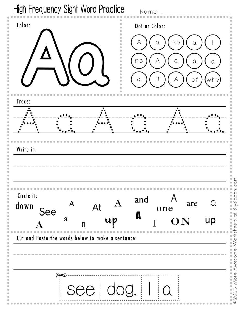 Free Printable A Sight Word Worksheets For Kindergarten First Grade Sly Spoon