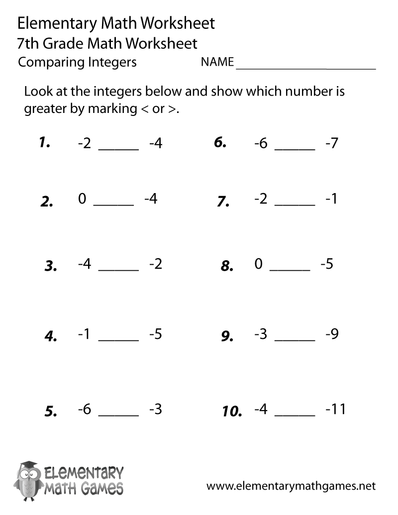 Free Printable Comparing Integers Worksheet For Seventh Grade Free Printable Comparing Integers Worksheet For Seventh Grade
