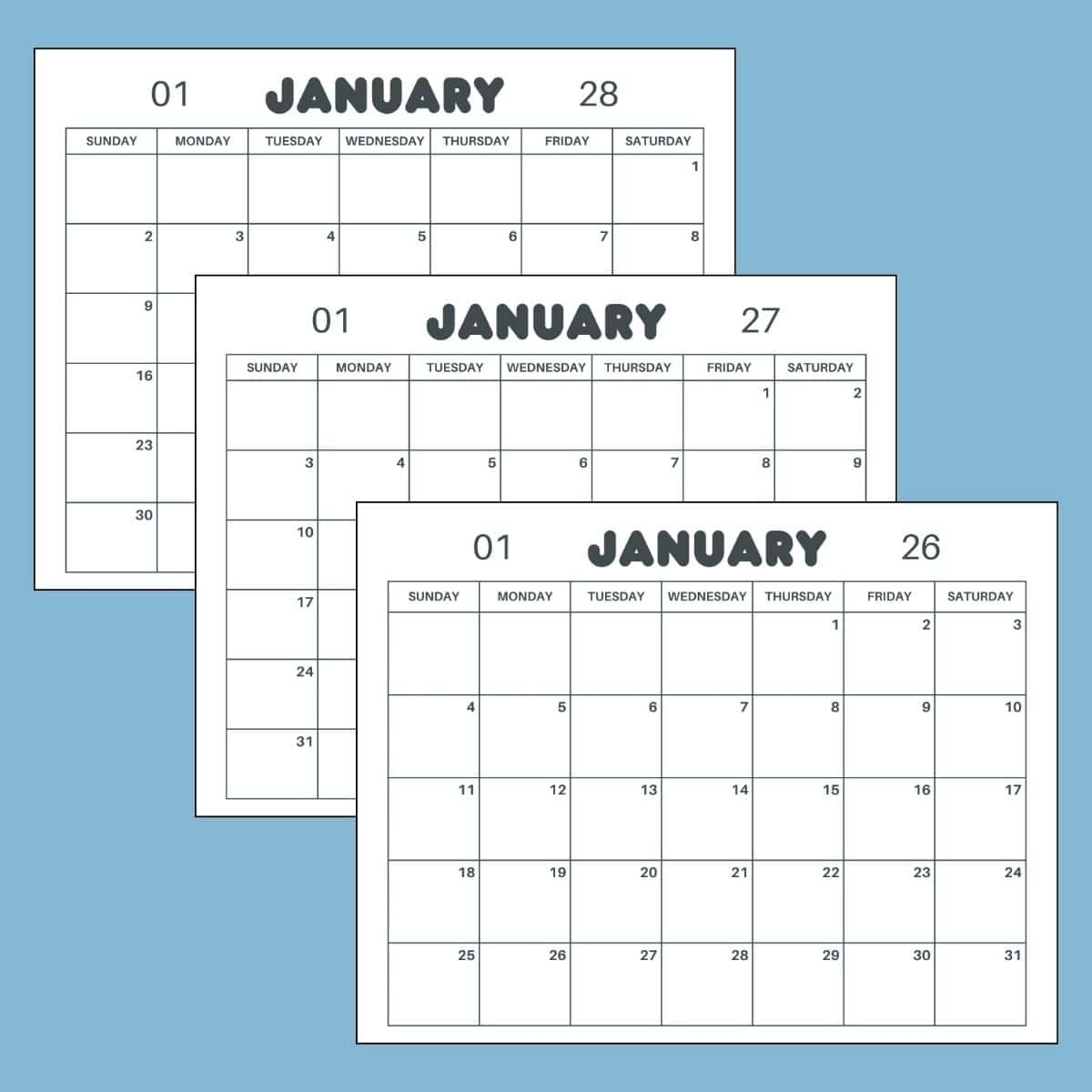 Free Printable January Calendar 2026 2027 2028 PDF Template Free Printable January Calendar 2026 2027 2028 PDF Template