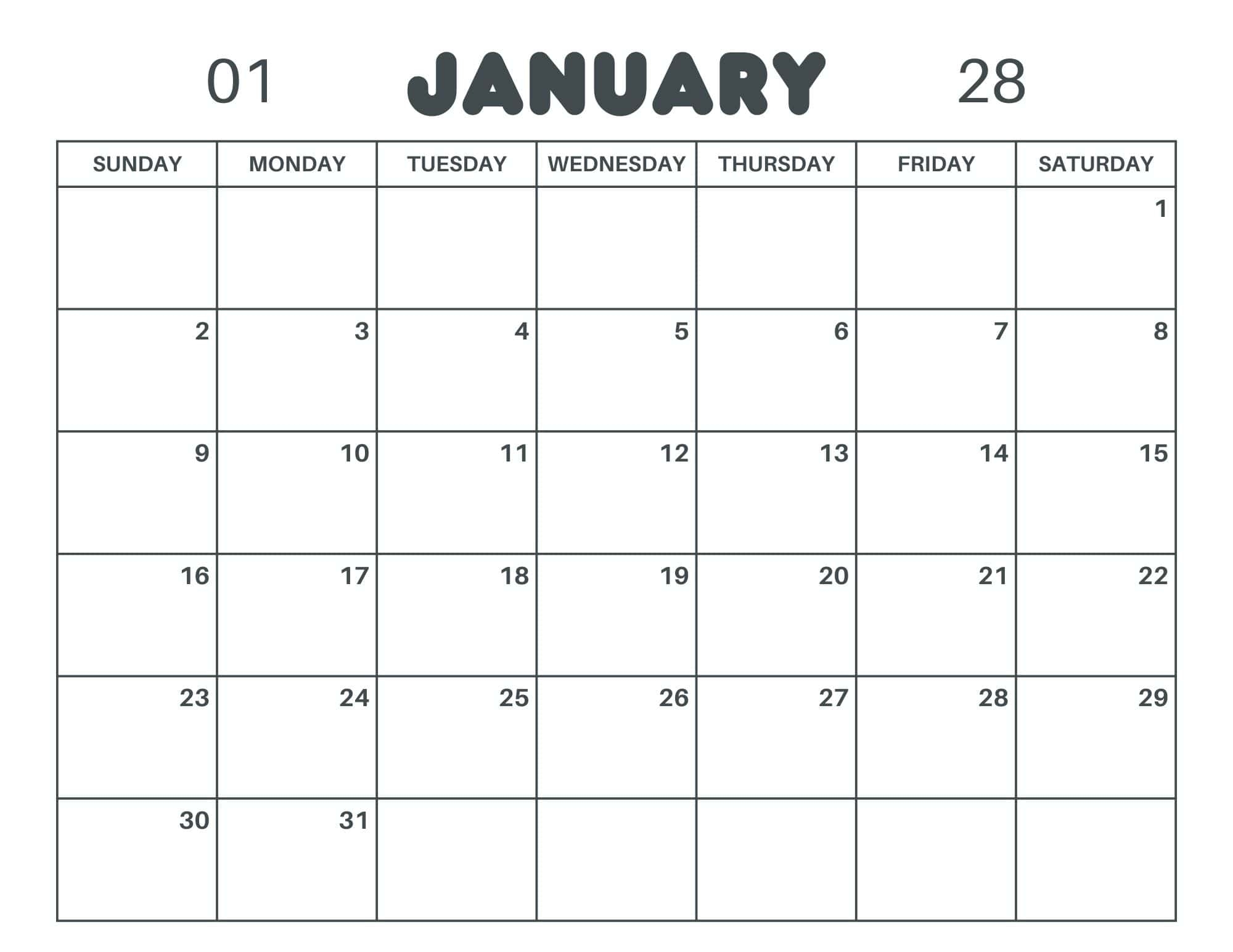 Free Printable January Calendar 2026 2027 2028 PDF Template Free Printable January Word Search