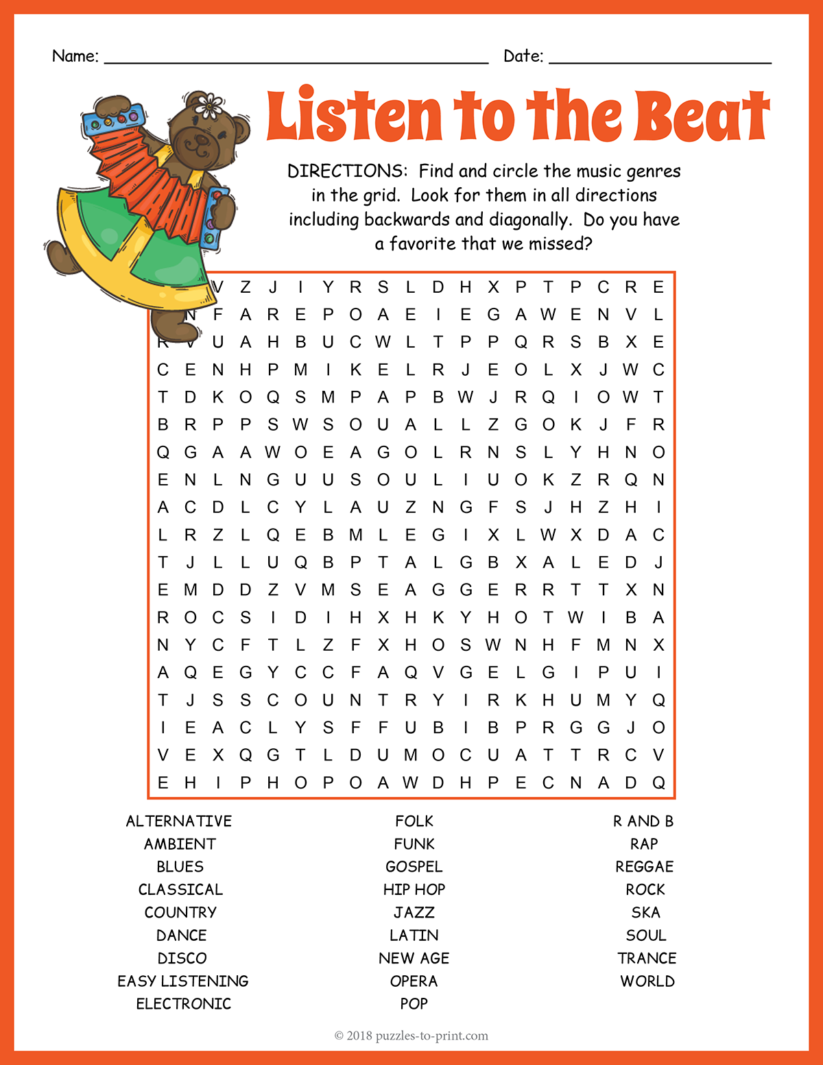 Free Printable Music Genres Word Search Free Printable Music Genres Word Search