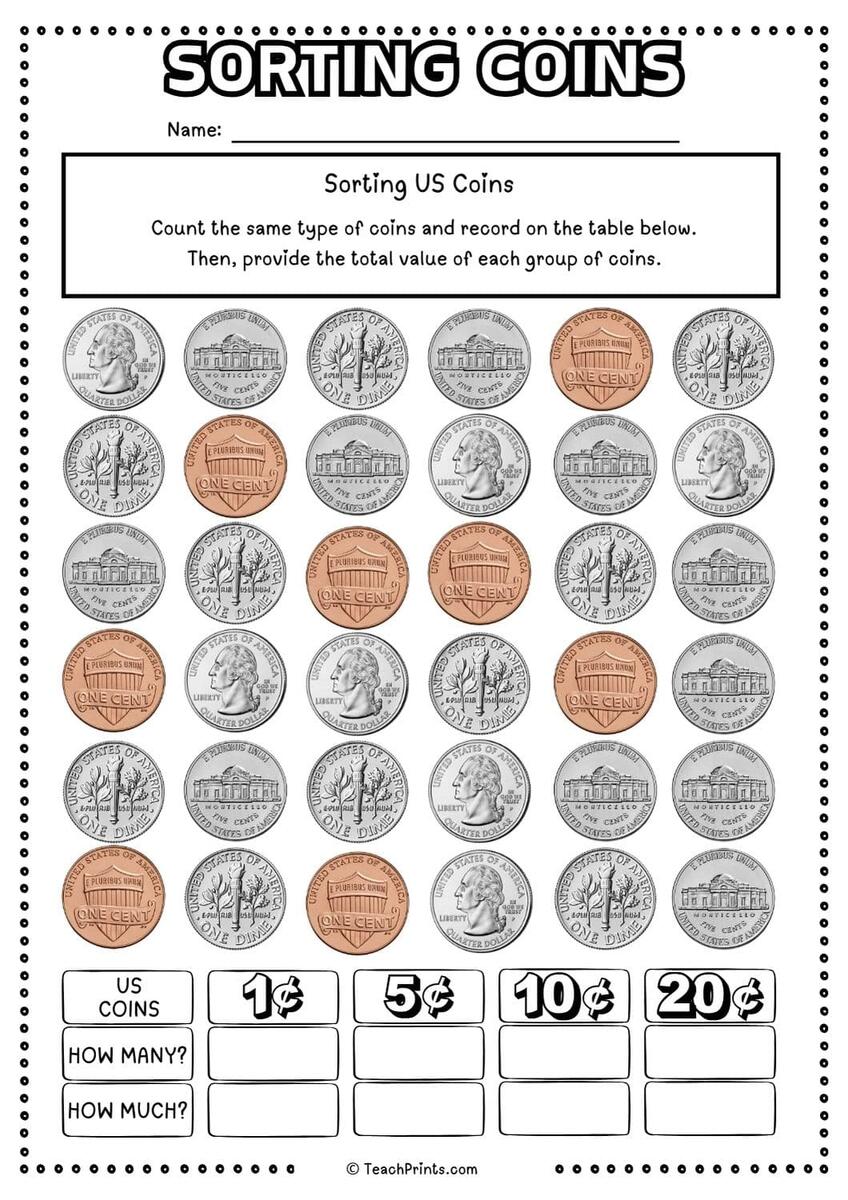 Free Sorting Coins Worksheets Teach Prints Free Identify Coins Worksheets For Kindergarten