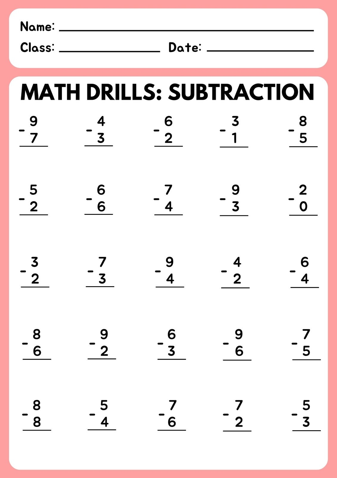 Free Subtraction Worksheet Templates To Edit And Print Canva Single Digit Subtraction Worksheets K12 Math Worksheets