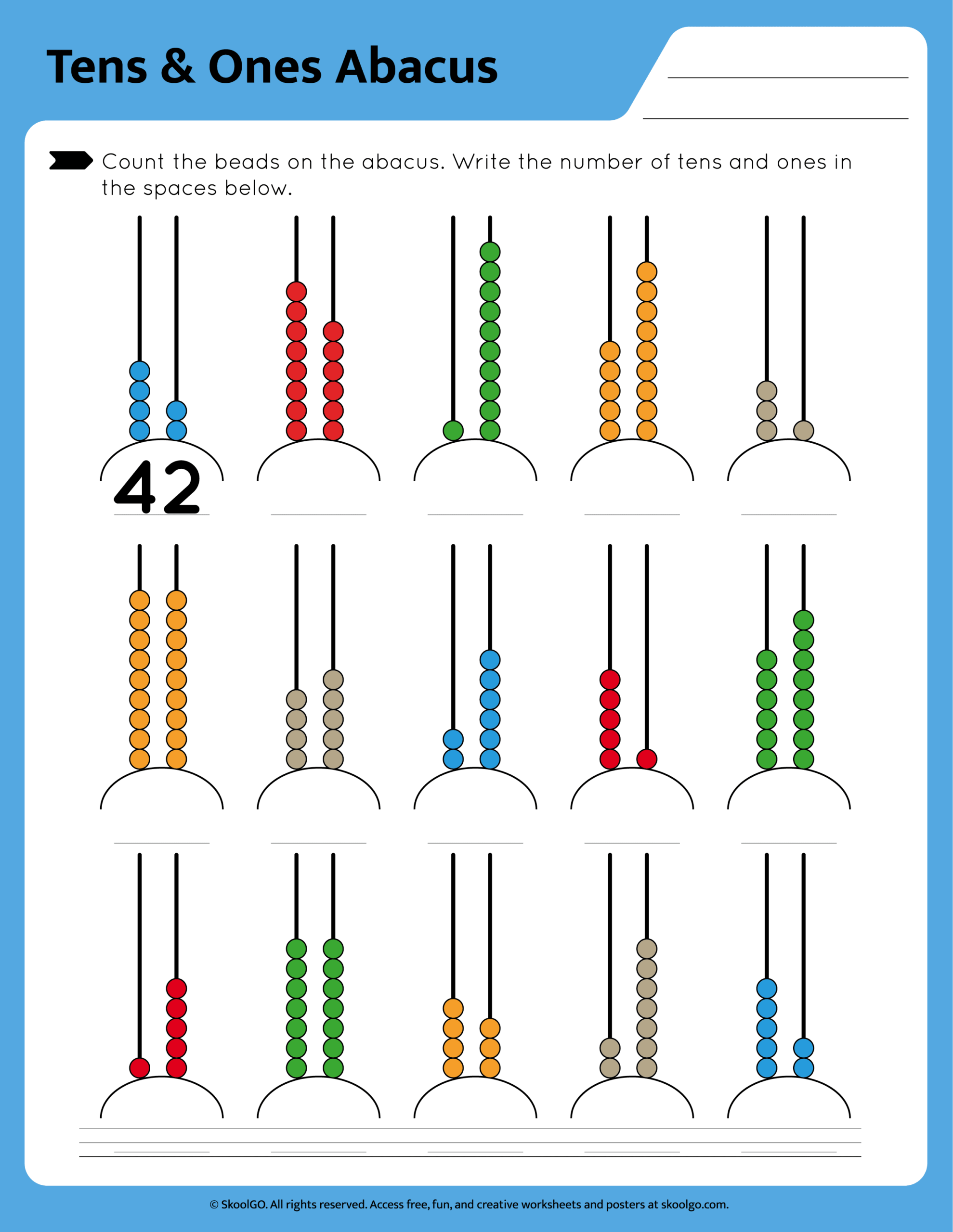 Free Tens Ones Abacus Worksheet For Grades K 2 Abacus Practice Worksheets Level 1 Funwithworksheets