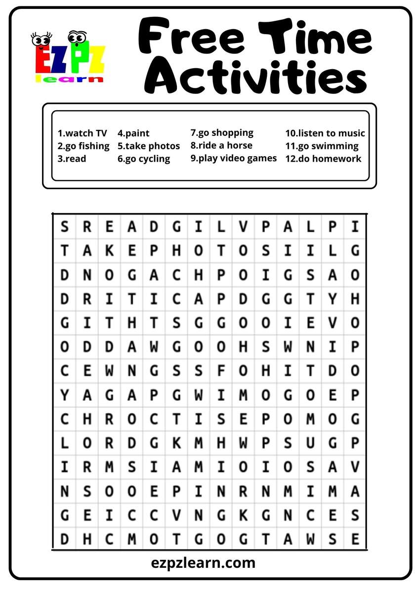Free Time Activities Word Search Ezpzlearn Silk S Word Search Worksheet Free Printable