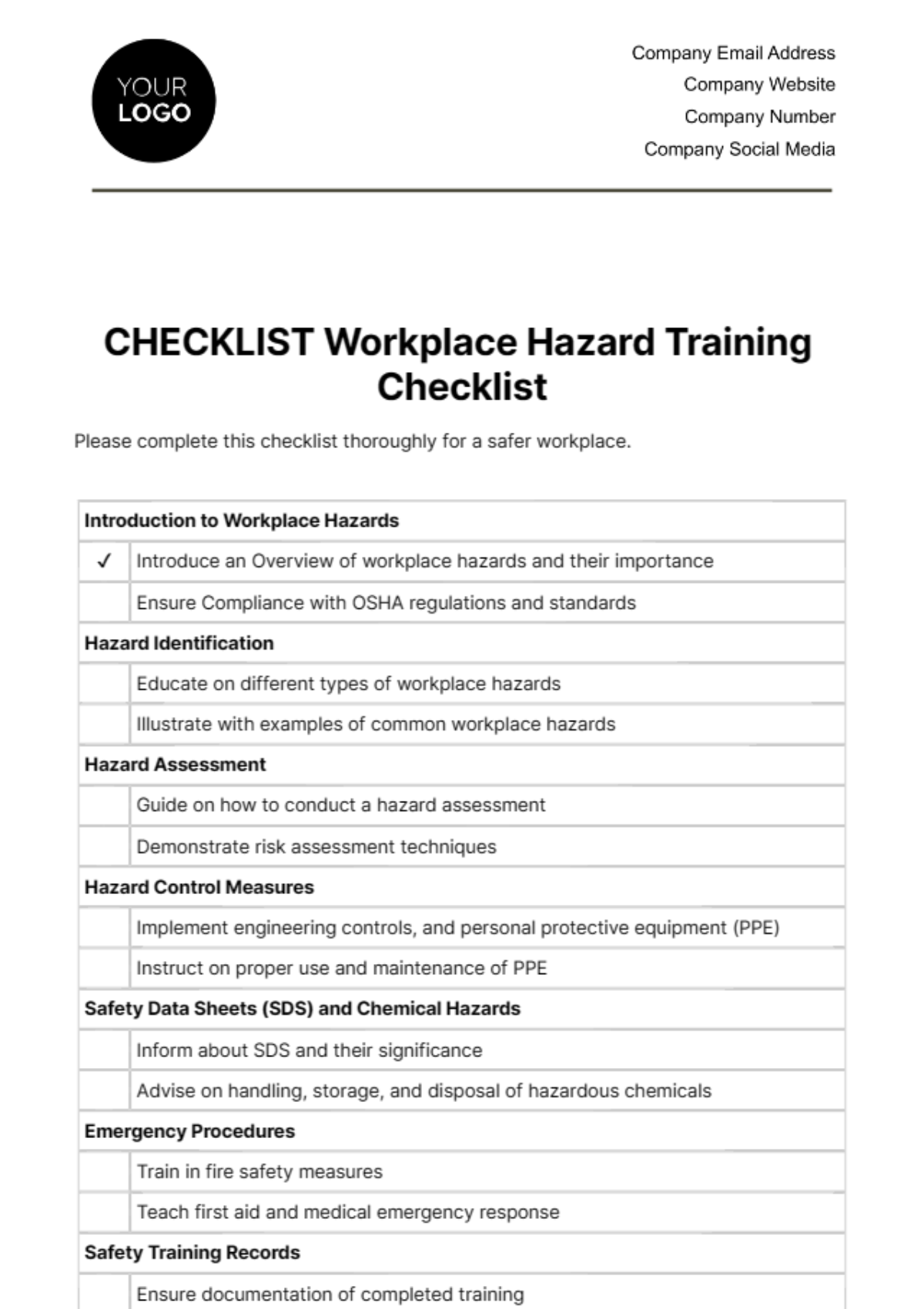 Free Workplace Hazard Training Checklist Template To Edit Online