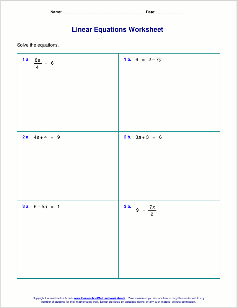 Free Worksheets For Linear Equations Grades 6 9 Pre Algebra Algebra 1 Free Printable Solving Equations Worksheet For Seventh Grade