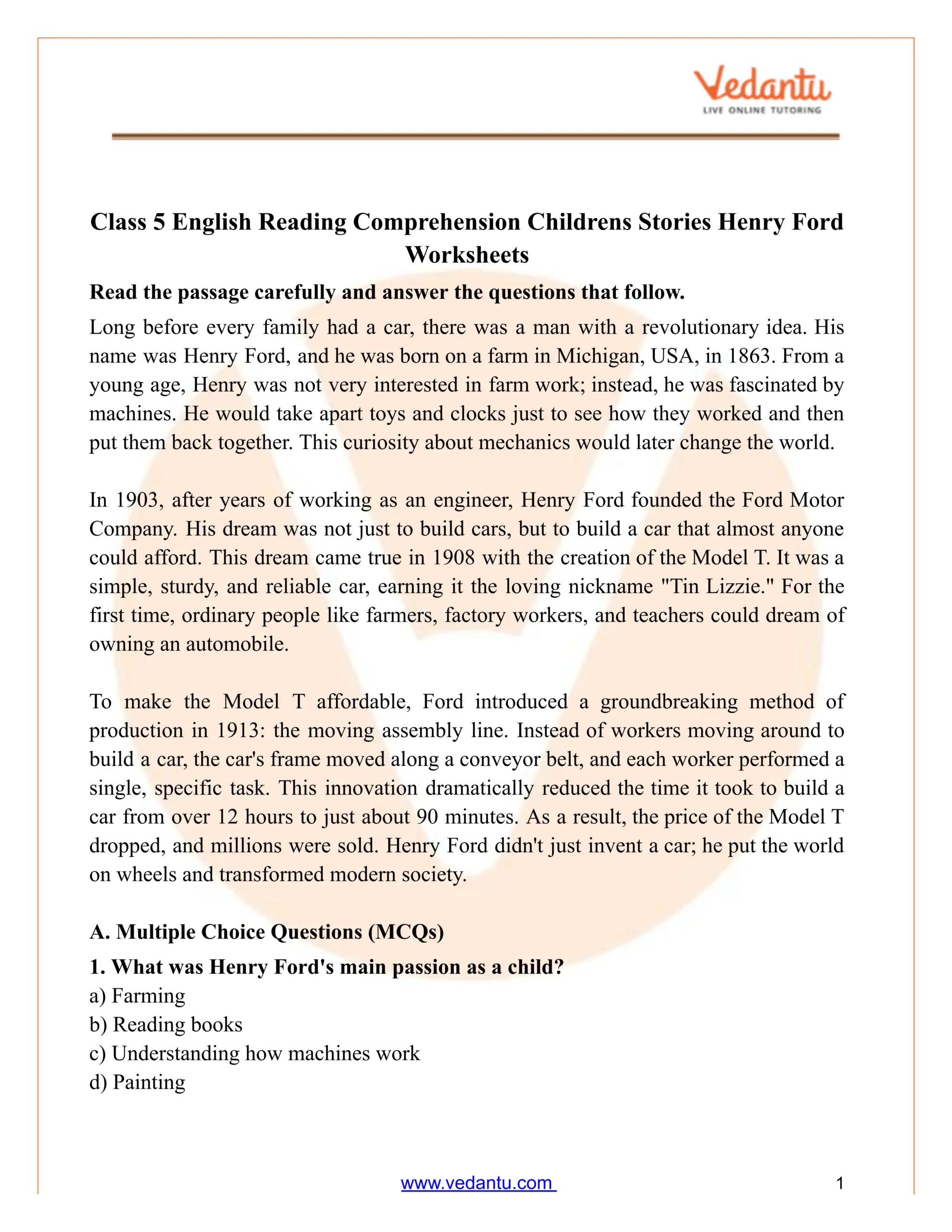Grade 5 Reading Comprehension Worksheet Henry Ford Story