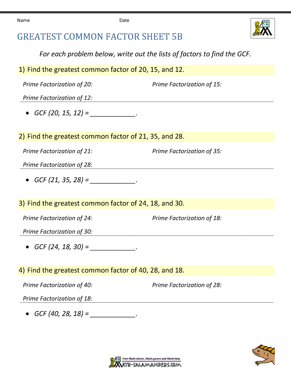 Greatest Common Factor Worksheet Page Greatest Common Factor Worksheet Page