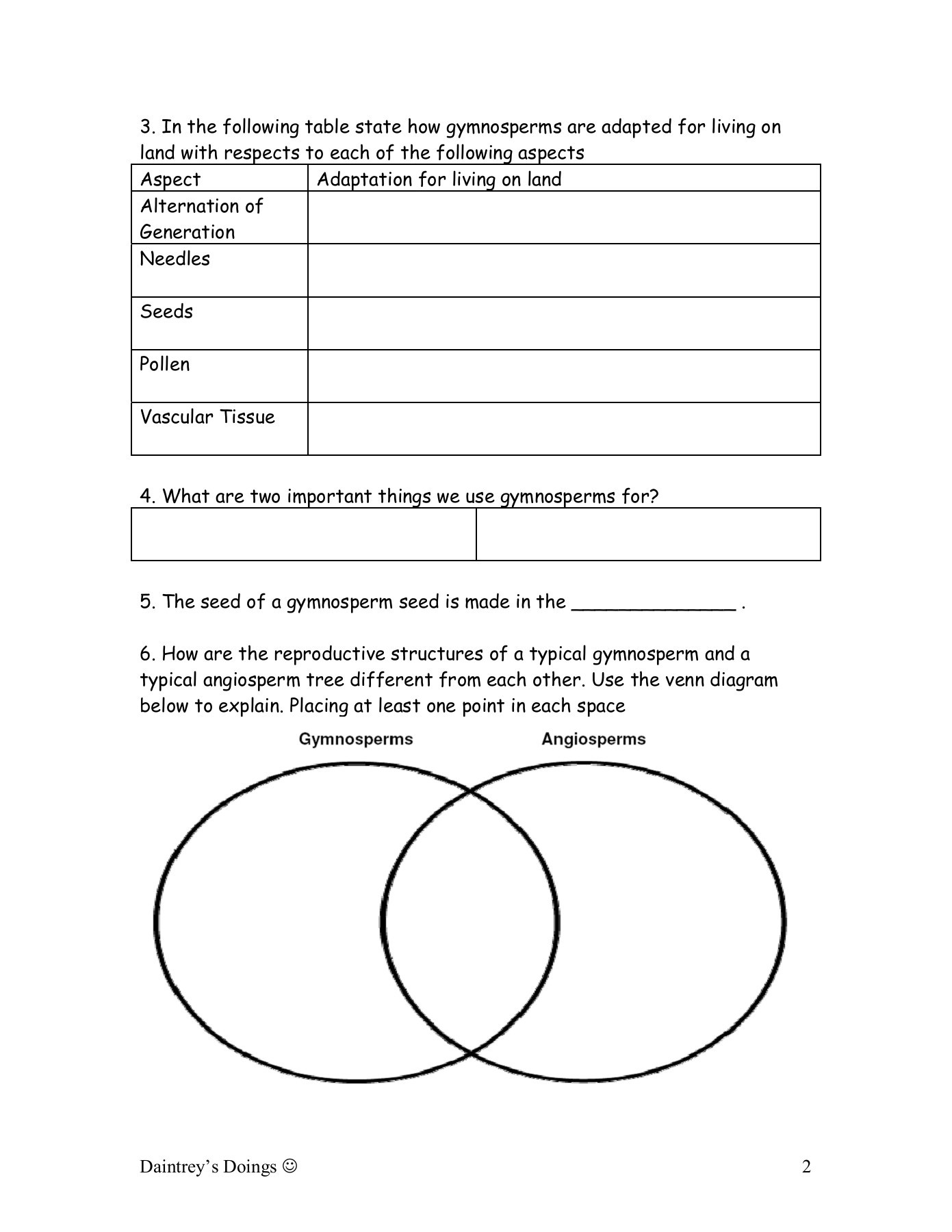 Gymnosperms And Angiosperms Worksheet Wikispaces