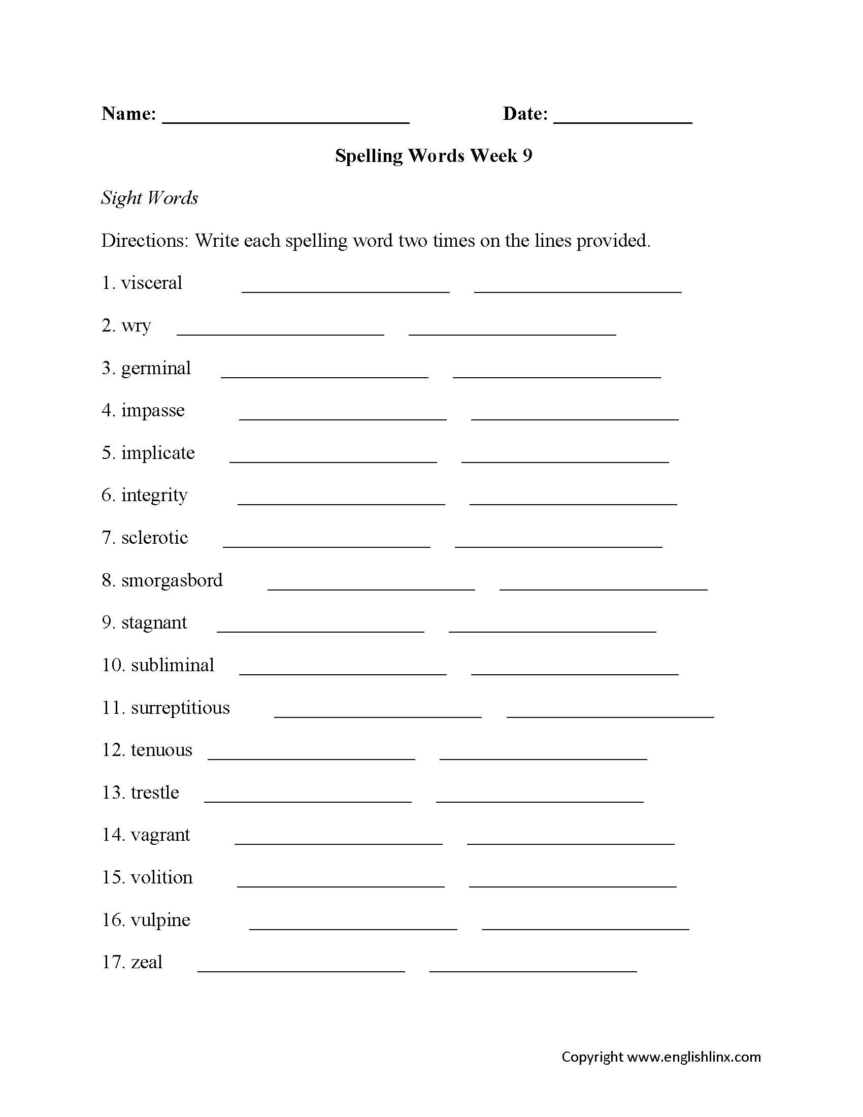 High School Spelling Worksheets Advanced Spelling Word Practice