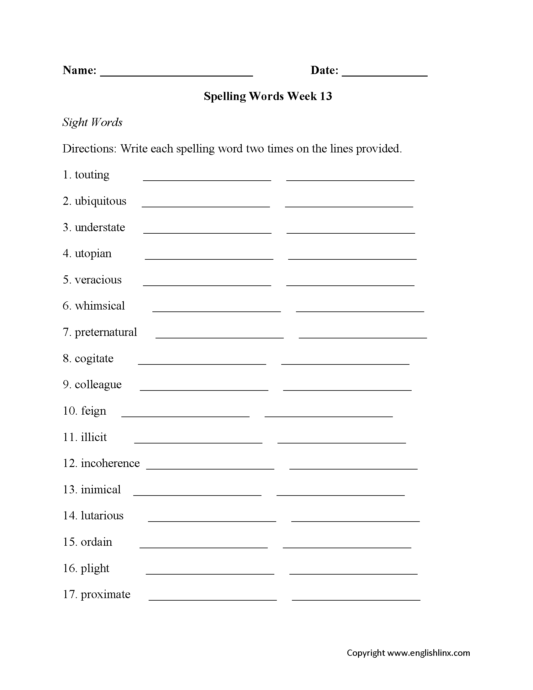 High School Spelling Worksheets Advanced Spelling Word Practice