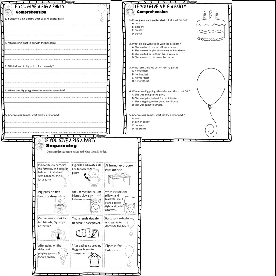 If You Give A Pig A Party Reading Quiz Test Story Scene Sequencing Worksheets Made By Teachers