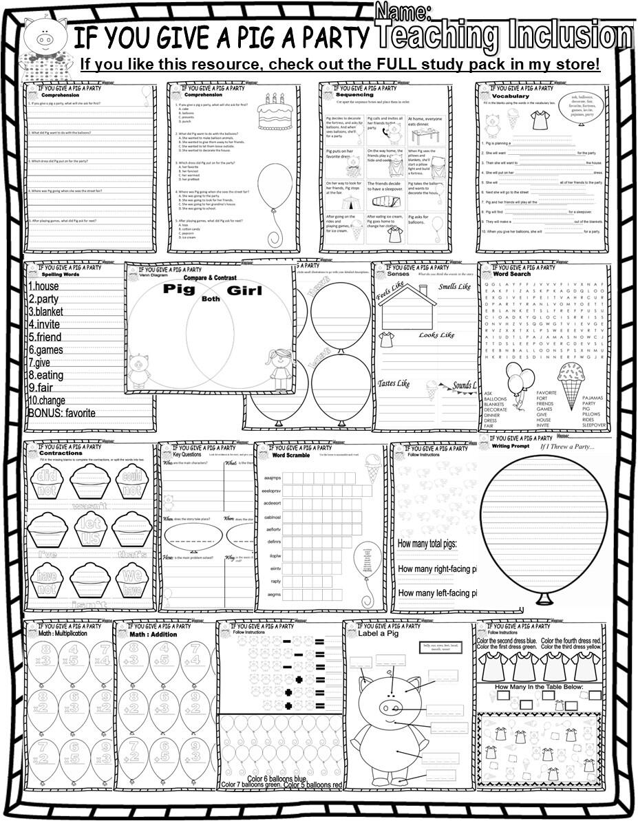 If You Give A Pig A Party Reading Quiz Test Story Scene Sequencing Worksheets Made By Teachers