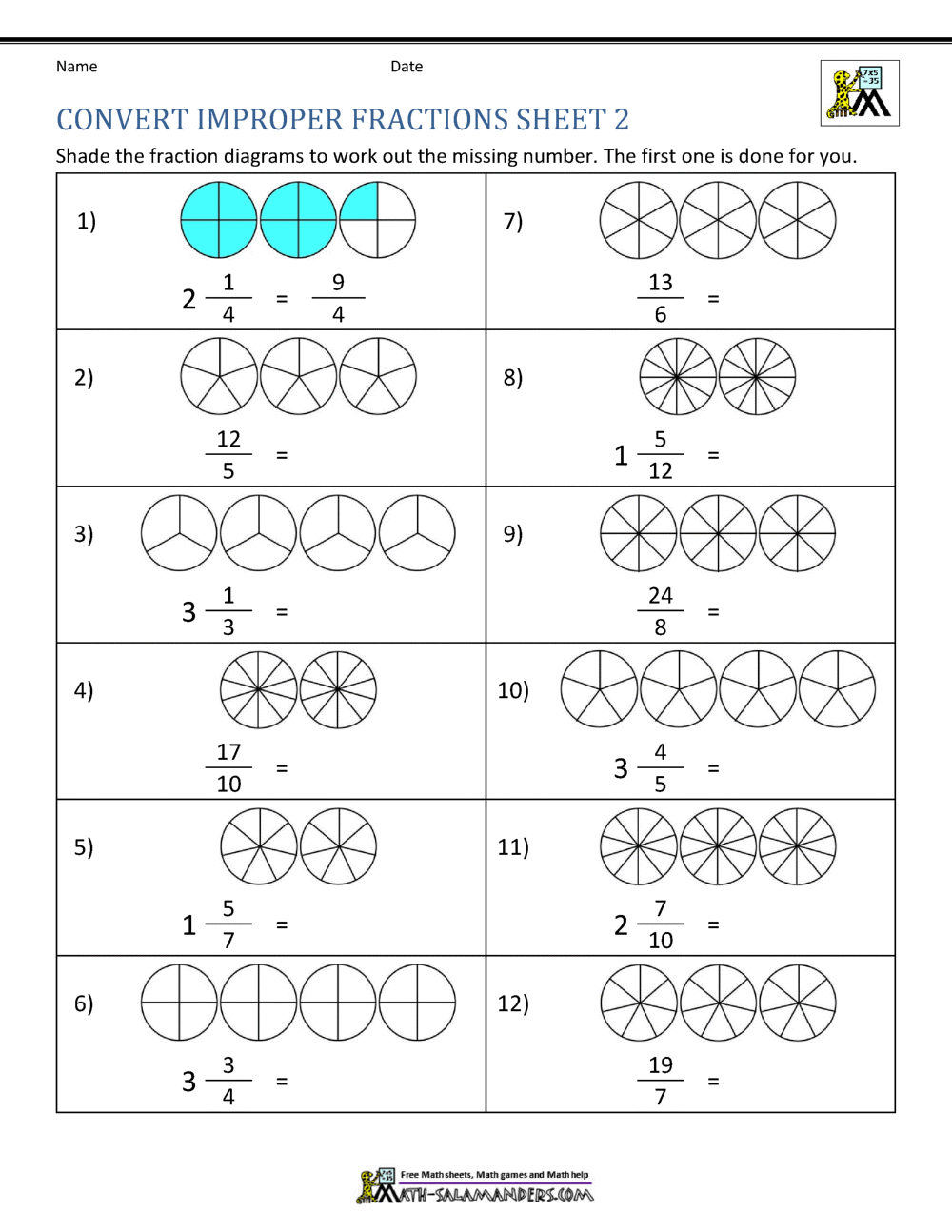 Improper Fraction Worksheets