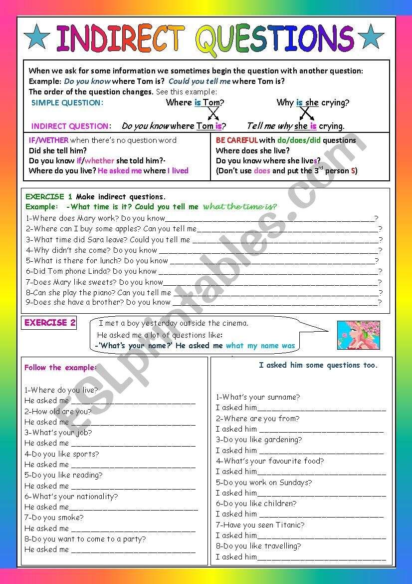 INDIRECT SPEECH QUESTIONS ESL Worksheet By Jecika