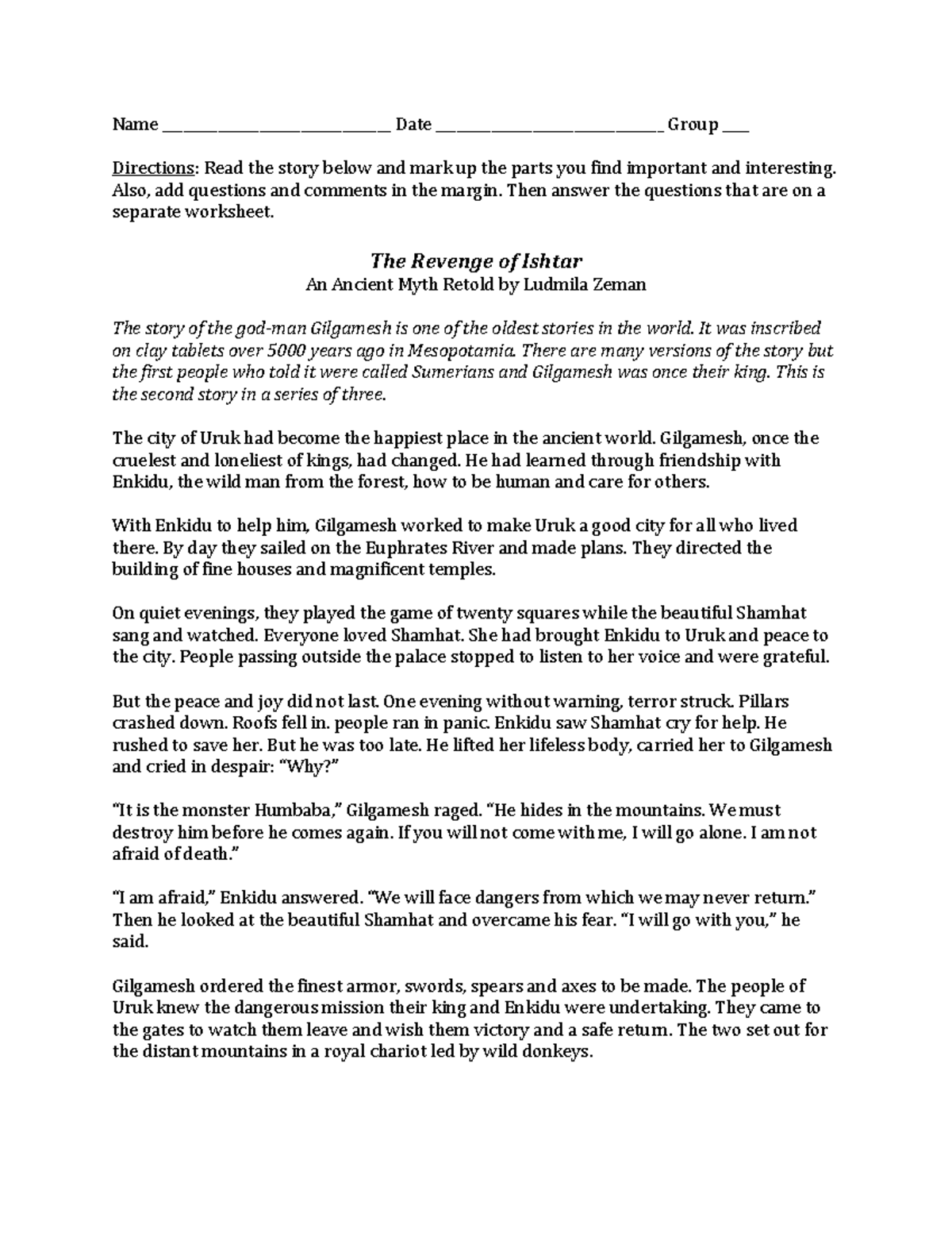 Epic Of Gilgamesh Reading Practice Worksheets Social Studies Educational Homeschool Activities For Kids Literacy Printable Digital Pages Etsy