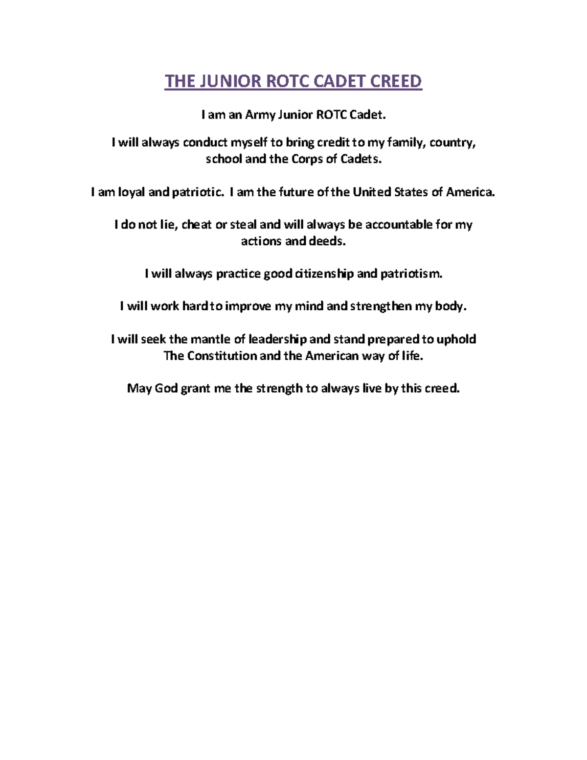 JROTC Cadet Creed Upholding Values And Leadership Principles Studocu