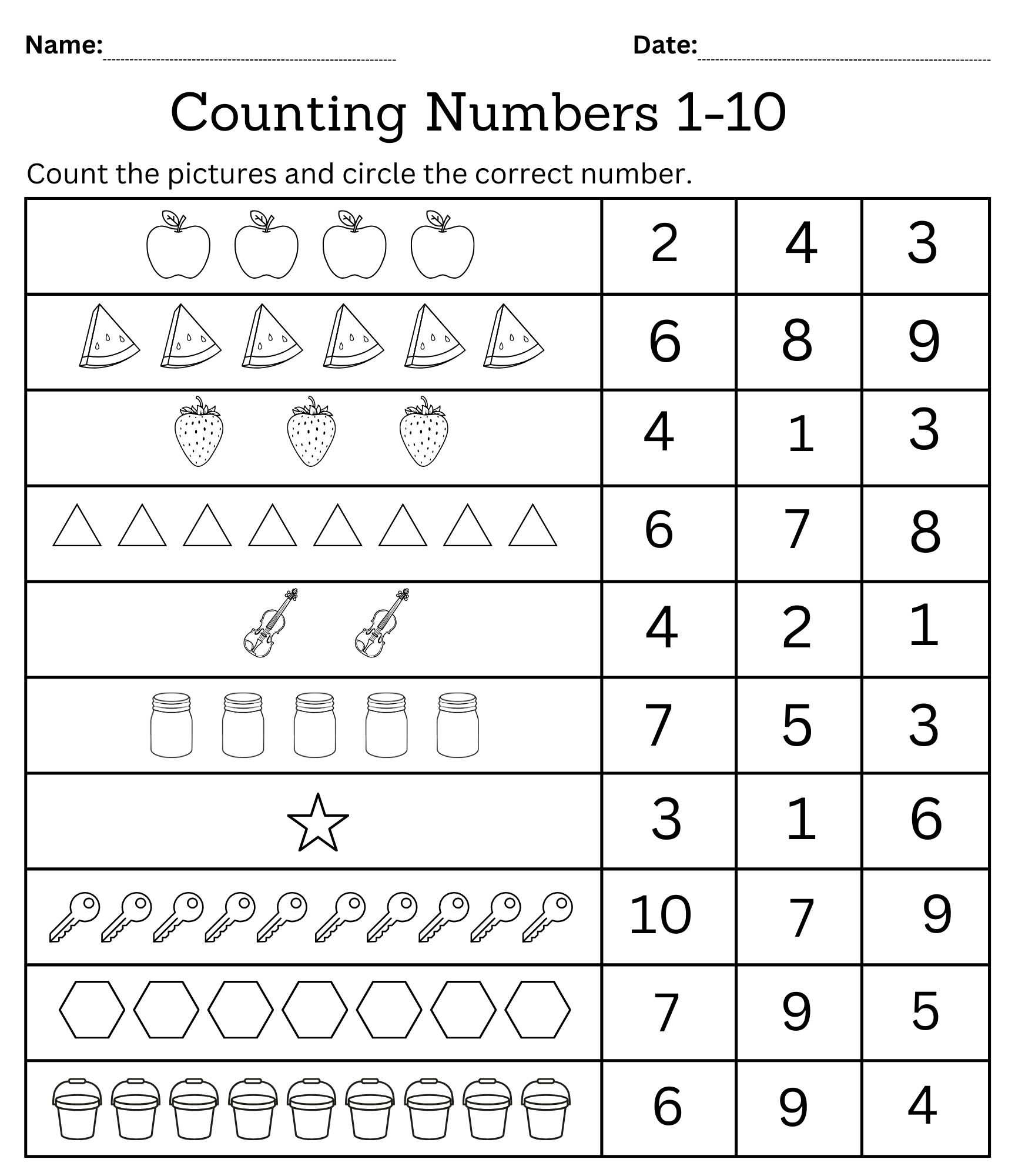Kindergarten Math Counting Objects Worksheets 1 10 Black And White Teaching Resources Free 1 10 Counting Worksheet Teach Prints