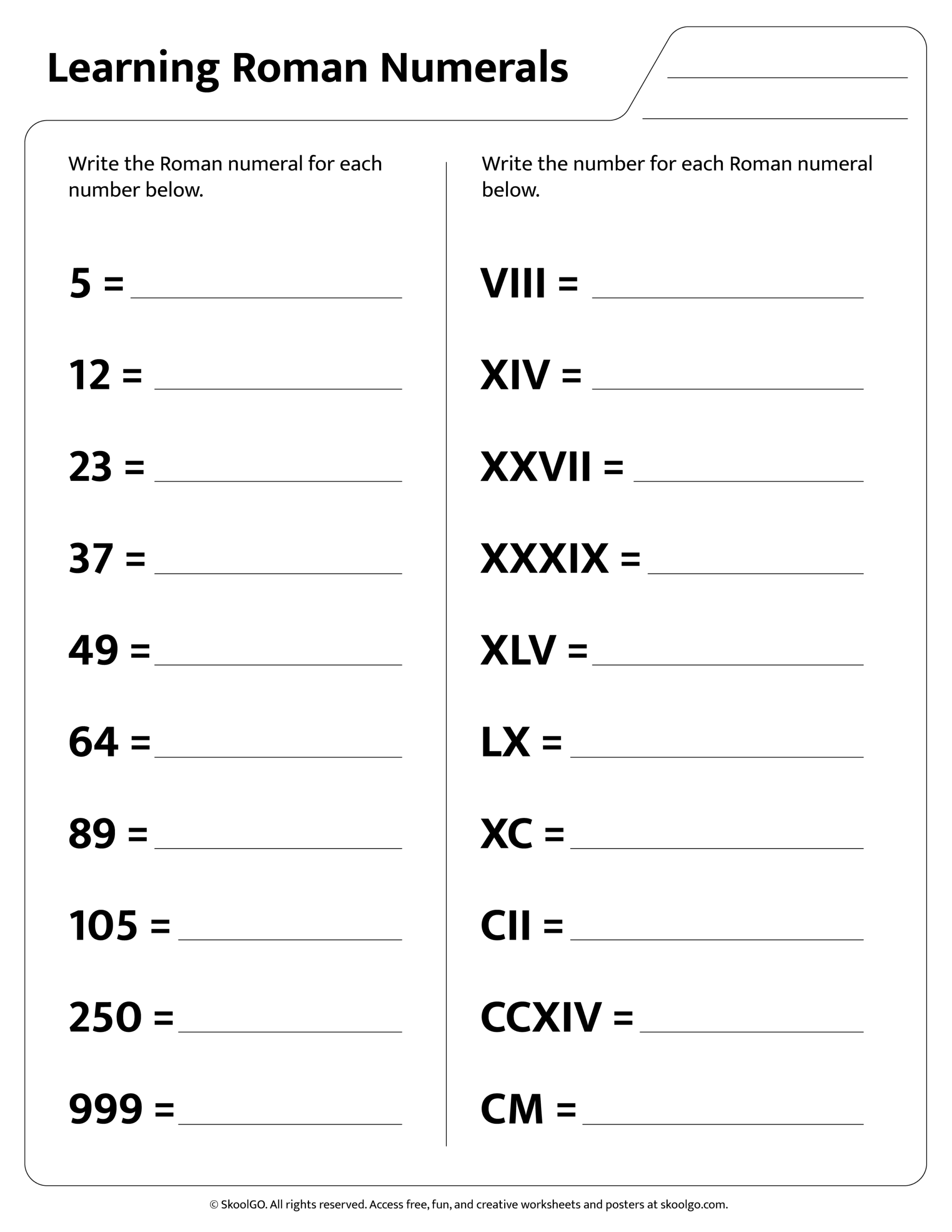 Learn Roman Numerals Free Worksheet PDF For Kids Learn Roman Numerals Free Worksheet PDF For Kids