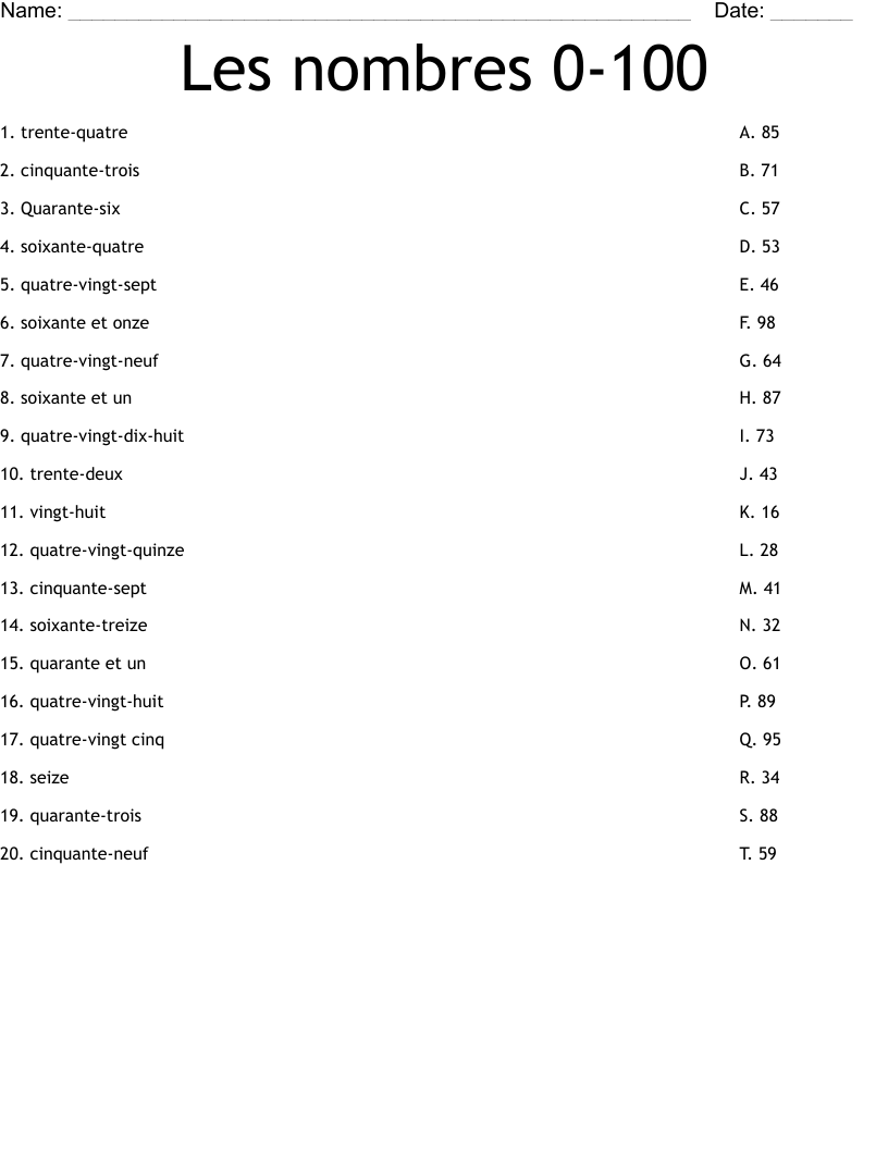 Les Nombres 0 100 Worksheet WordMint FRENCH Numbers 1 100 Les Nombres 1 100 Activities Worksheets Made By Teachers