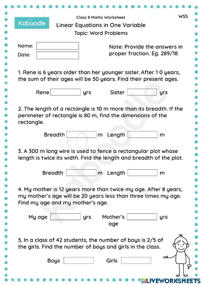 Linear Equation Word Problems Worksheet Grade 7 Linear Equations Worksheets Library Free Worksheets For Linear Equations Grades 6 9 Pre Algebra Algebra 1