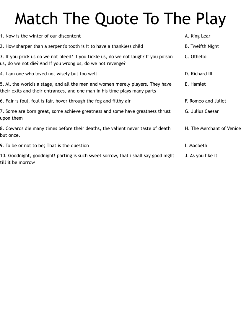 Match The Quote To The Play Worksheet WordMint
