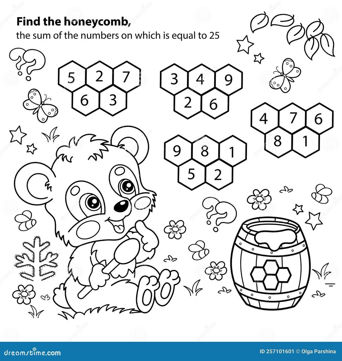 Math Addition Game Puzzle For Kids Coloring Page Outline Of Cartoon Little Bear Cub With Barrel Of Honey Stock Vector Illustration Of Contour Education 257101601 Winter Color By Number Pages K12 Math Worksheets